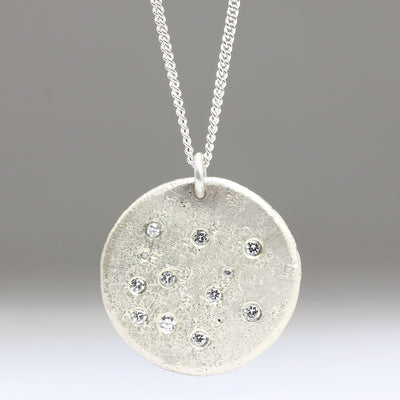 Heirloom White Gold Sandcast Disc Pendant with Scatter of Diamonds