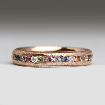9ct Rose Gold Sandcast Ring with Half Channel of Pastel Toned Sapphires & Diamonds