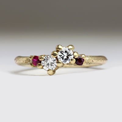 9ct Yellow Gold Sandcast Ring with Cluster of Own Diamonds & Rubies