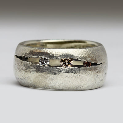 Sandcast Silver Ring with Black, Champagne, Chocolate & Grey Diamonds Set in Crevice