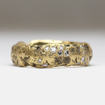 18ct Yellow Gold Extra Texture Sandcast Ring with Cluster of Vintage Diamonds