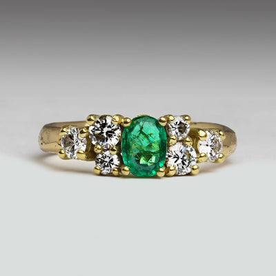 Heirloom Gold Sandcast Engagement Ring with Emerald & Diamond