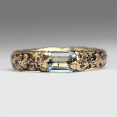 Extra Texture Sandcast Ring with Aquamarine & Sapphires in 9ct Yellow Gold