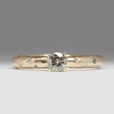 9ct Yellow Gold Sandcast Ring with 4.5mm Salt & Pepper Diamond and Scatter of Vintage Diamonds