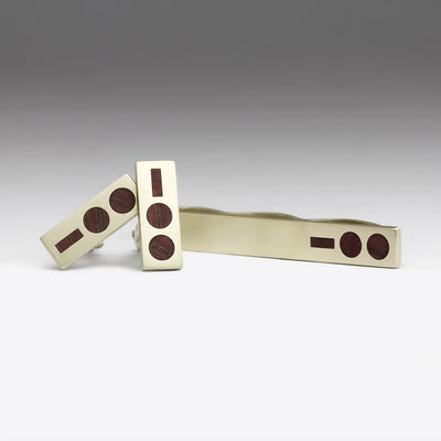 9ct White Gold Wood Inlay Cufflinks & Tie Pin