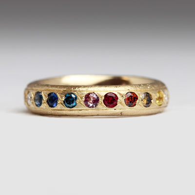 Sandcast 9ct Yellow Gold Ring with Pavé Set Rainbow Sapphires & Diamonds