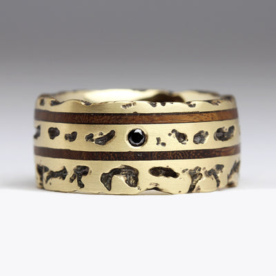 R52 Style 12mm Ring in 9ct Yellow Gold with Double Wooden Inlay & Black Diamond