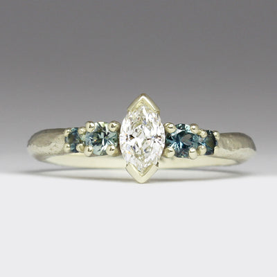 Sandcast 9ct White Gold Engagement Ring with Marquise Diamond & Montana Sapphires