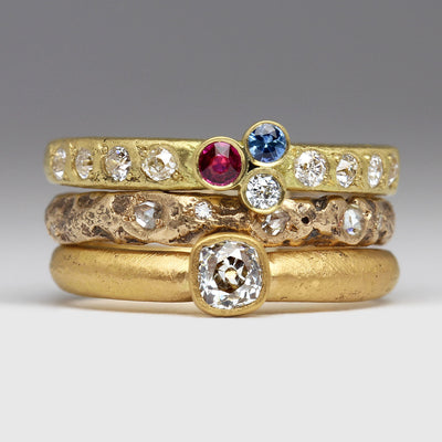 Sandcast Stacking Set of 22ct, 18ct & 9ct Yellow Gold & Vintage Diamonds, Sapphires & Rubies