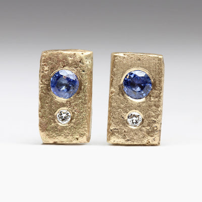 9ct Yellow Gold Sandcast Studs with Heirloom Diamonds & Sapphires