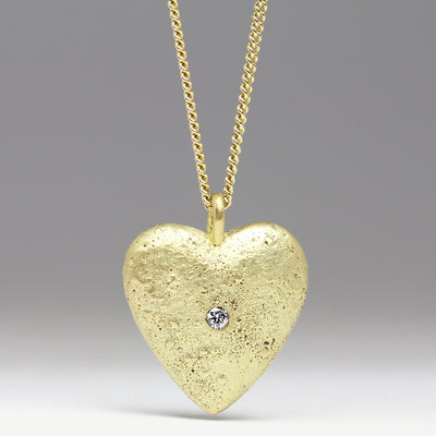 14ct Yellow Gold Sandcast Heart Pendant with Flush Set Diamond