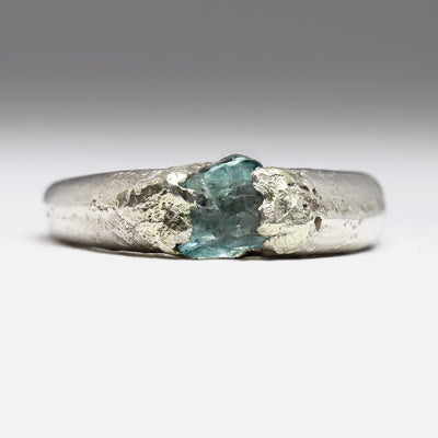 Silver Sandcast Ring with Rough Aquamarine