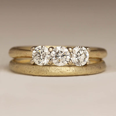 Sandcast Three Diamond Engagement Ring and Matching Wedding Band