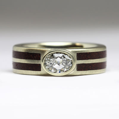 9ct White Gold & Satine Rubane Double Inlay Wood Ring with Bezel Set Oval Diamond