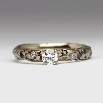 Extra Texture Sandcast Engagement Ring in 14ct White Gold with Central White Diamond & Scattered Black & White Diamonds