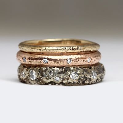 Sandcast Diamond Stacking Set in 14ct White Gold, 9ct Rose Gold & 9ct Yellow Gold