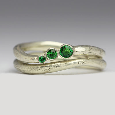 Sandcast Wavy Shaped Bands in 9ct White Gold with x3 Tsavorite Garnets