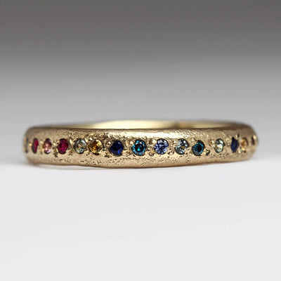 Sandcast 9ct Yellow Gold Pavé Set Rainbow Ring with Diamonds, Rubies & Sapphires