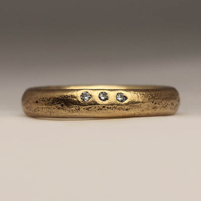 Sandcast 9ct Yellow Gold Ring with x3 Flush Set Diamonds