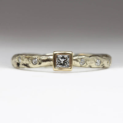 Sandcast Extra Texture Ring in Own 9ct White Gold with Own Bezel Set Square Diamond & Tiny Bead Set Diamonds