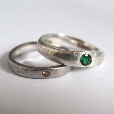 Sandcast Palladium Rings with Champagne Diamond and Emerald