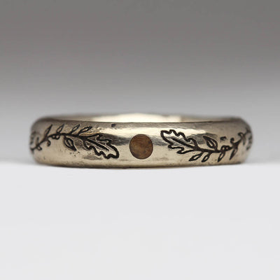 Sandcast Ring From Own 14ct White Gold with Oak Dot Inlay & Vine Engraving