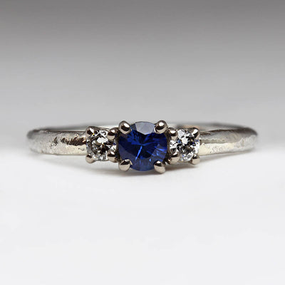 Sandcast Silver Ring with Blue Sapphire & Own Diamonds