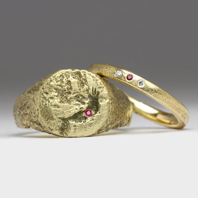 Sandcast Wedding Set of 14ct Yellow Gold Signet Ring and 18ct Yellow Gold Gemstone Trio Ring with Ruby and Diamonds