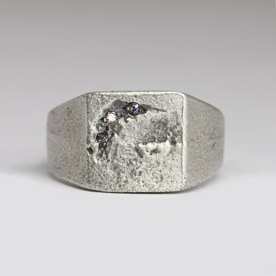 Sandcast Silver Square Sandcast Signet Ring with Trio of Bead Set Sapphires