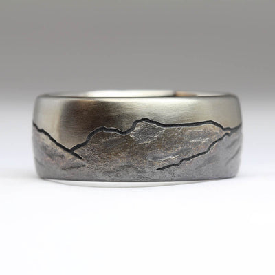 Titanium Ring with Langdale Pikes Lazer Engraving, Sandcast Effect & Carved Rocky Texture