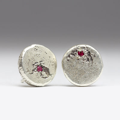 Sandcast Silver and Ruby Studs