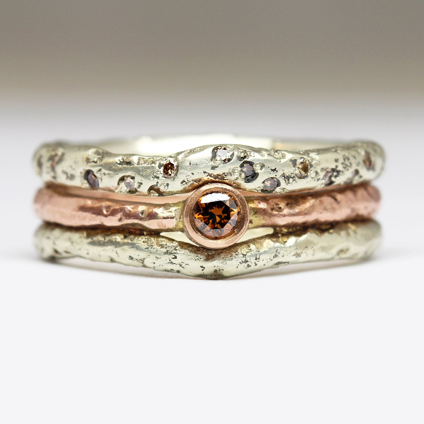 Sundance Stack Rings Sandcast Stacking Rings in 9ct Rose Gold with Bezel Set Chocolate Diam ...
