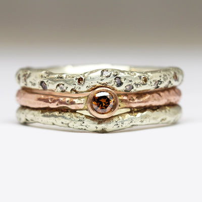 Sandcast Stacking Rings in 9ct Rose Gold with Bezel Set Chocolate Diamond & 9ct White Gold with Scatter of Brown Diamonds