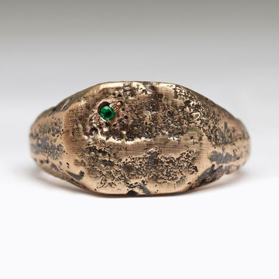 9ct Rose Gold Extra Texture Sandcast Signet Ring with Emerald