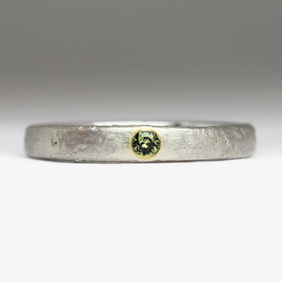 Silver Sandcast Engagement Ring with Bi-Colour Green & Yellow Sapphire Flush Set in 18ct Yellow Gold