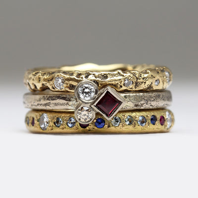 Sandcast Stacking Set in 14ct White Gold & 18ct Yellow Gold with Heirloom Sapphires, Rubies, & Diamonds
