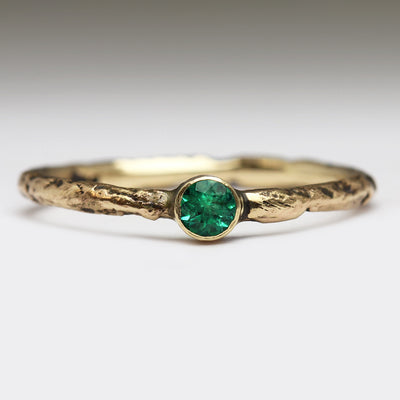 9ct Yellow Gold Extra Texture Sandcast Ring with Bezel Set Emerald