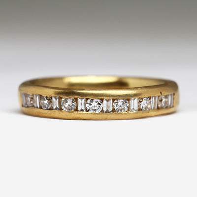 18ct Yellow Gold Sandcast Channel Set Ring with Brilliant Cut & Baguette Diamonds