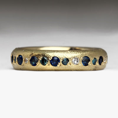 Sandcast 14ct Yellow Gold Ring with Pavé Set White Diamonds, Blue Diamonds & Sapphires