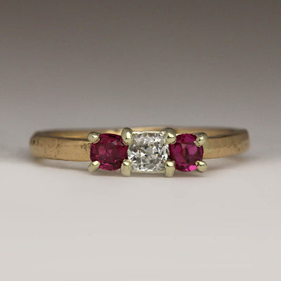 14ct Yellow Gold Sandcast Ring in Heirloom Gold with Own Diamond and Rubies