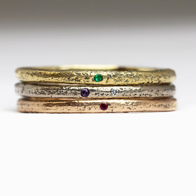 Sandcast Gold Set of Stacking Rings with Emerald, Amethyst, Diamond & Ruby