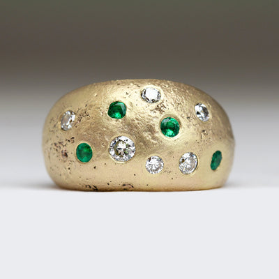 9ct Yellow Gold Sandcast Chunky Ring with Scatter of Emeralds & Vintage Diamonds