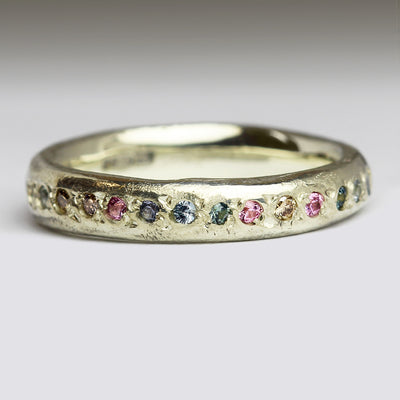 Sandcast Eternity Ring in 9ct White Gold with Pavé Set Brown Diamonds & Blue, Green & Pink Sapphires