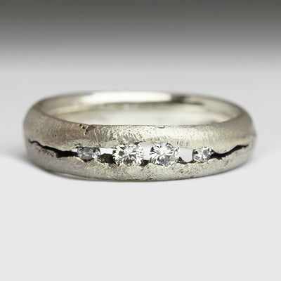 Silver Sandcast Ring with x4 Vintage Diamonds Set in Crevice