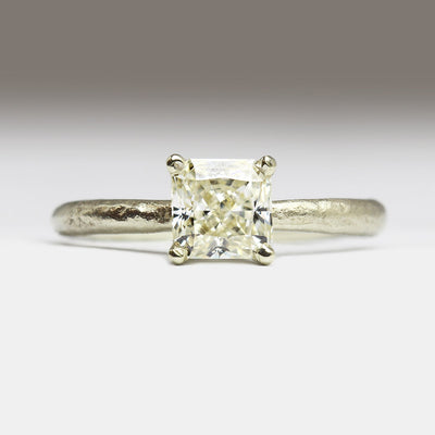 Sandcast 9ct White Gold Solitaire Ring with Own Cushion Cut Diamond