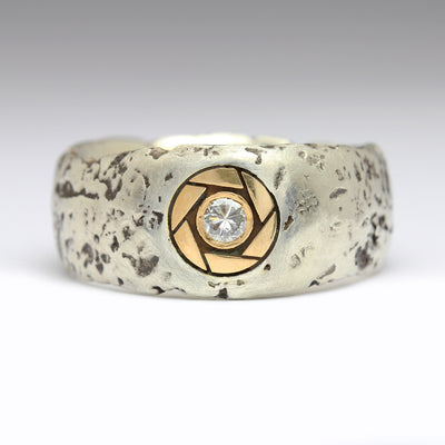 Sandcast Silver Extra Texture Ring with 22ct Gold Engraved Inlay