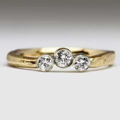9ct Yellow Gold Sandcast Ring with Three Diamonds Set in 9ct White Gold Bezels