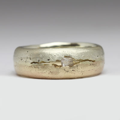 Two Tone Sandcast Ring with Crevice Set Rough Diamond