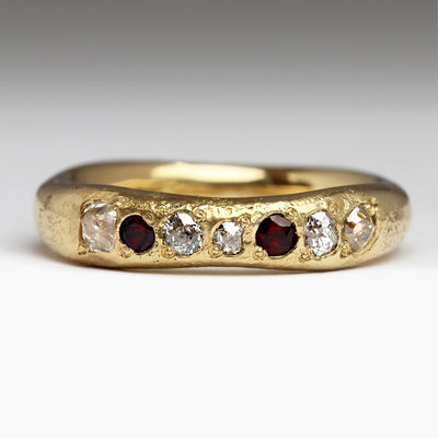 18ct Yellow Gold Sandcast Ring with Garnets & Heirloom Diamonds