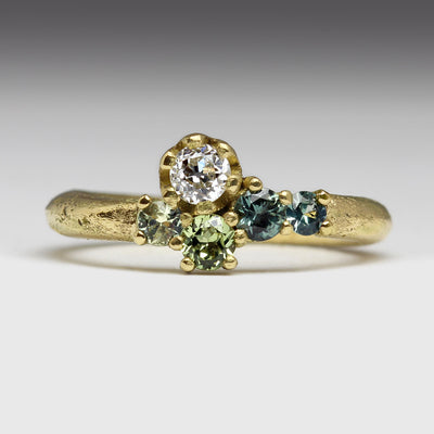 18ct Yellow Gold Sandcast Ring with Vintage Diamond & Cluster of Sapphires